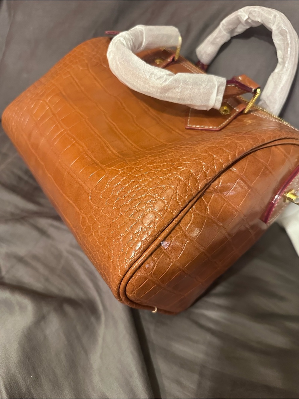 Croc-Embossed Structured Satchel in Cognac Brown
